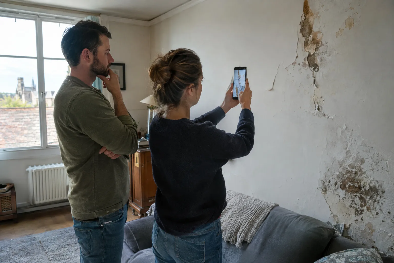 Un couple photographie ses pièces à rénover avec un téléphone pour demander un devis