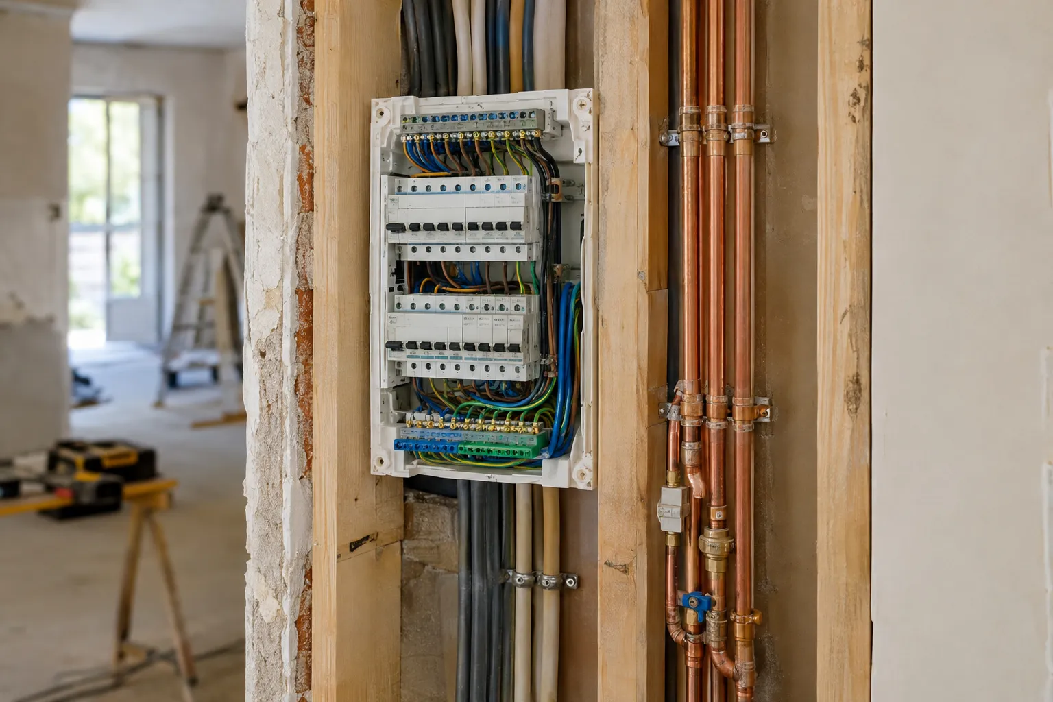 Électricité et plomberie reprises proprement avant la fermeture des murs