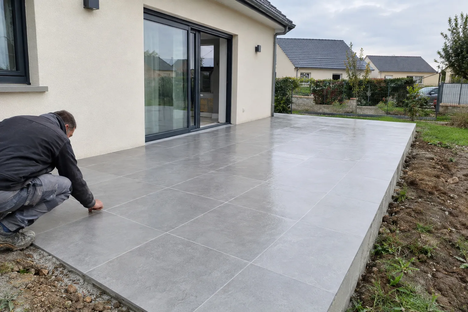Un carreleur pose de grands carreaux sur une terrasse de pavillon à Désertines.