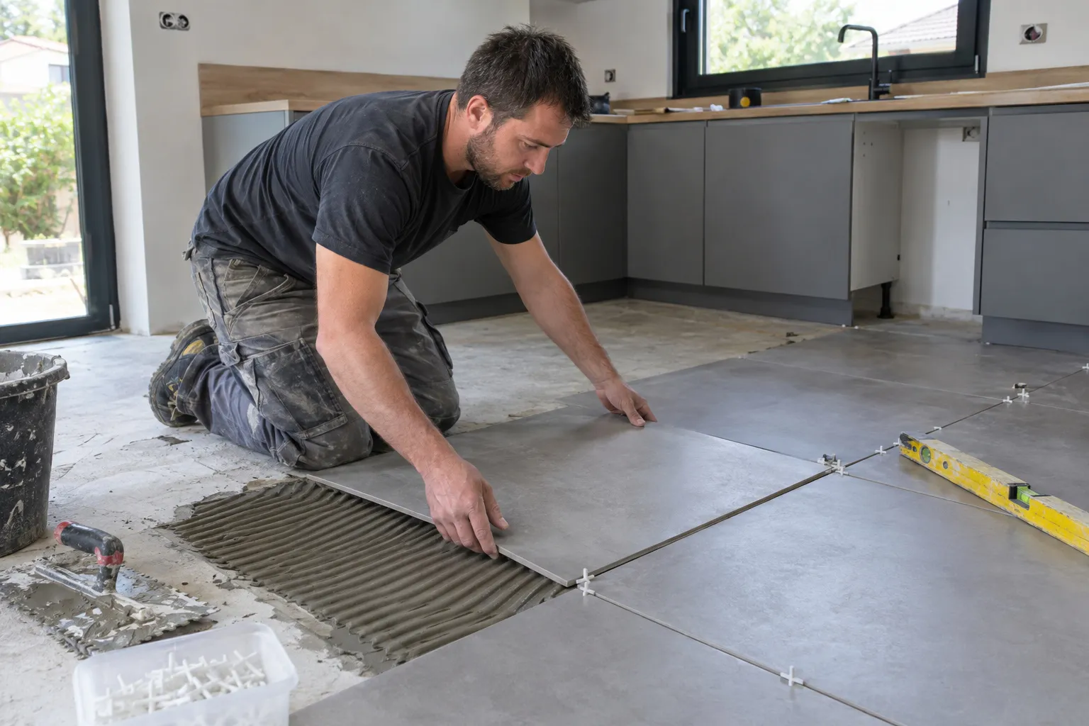 Un carreleur pose du carrelage au sol d'une cuisine, croisillons entre les carreaux.