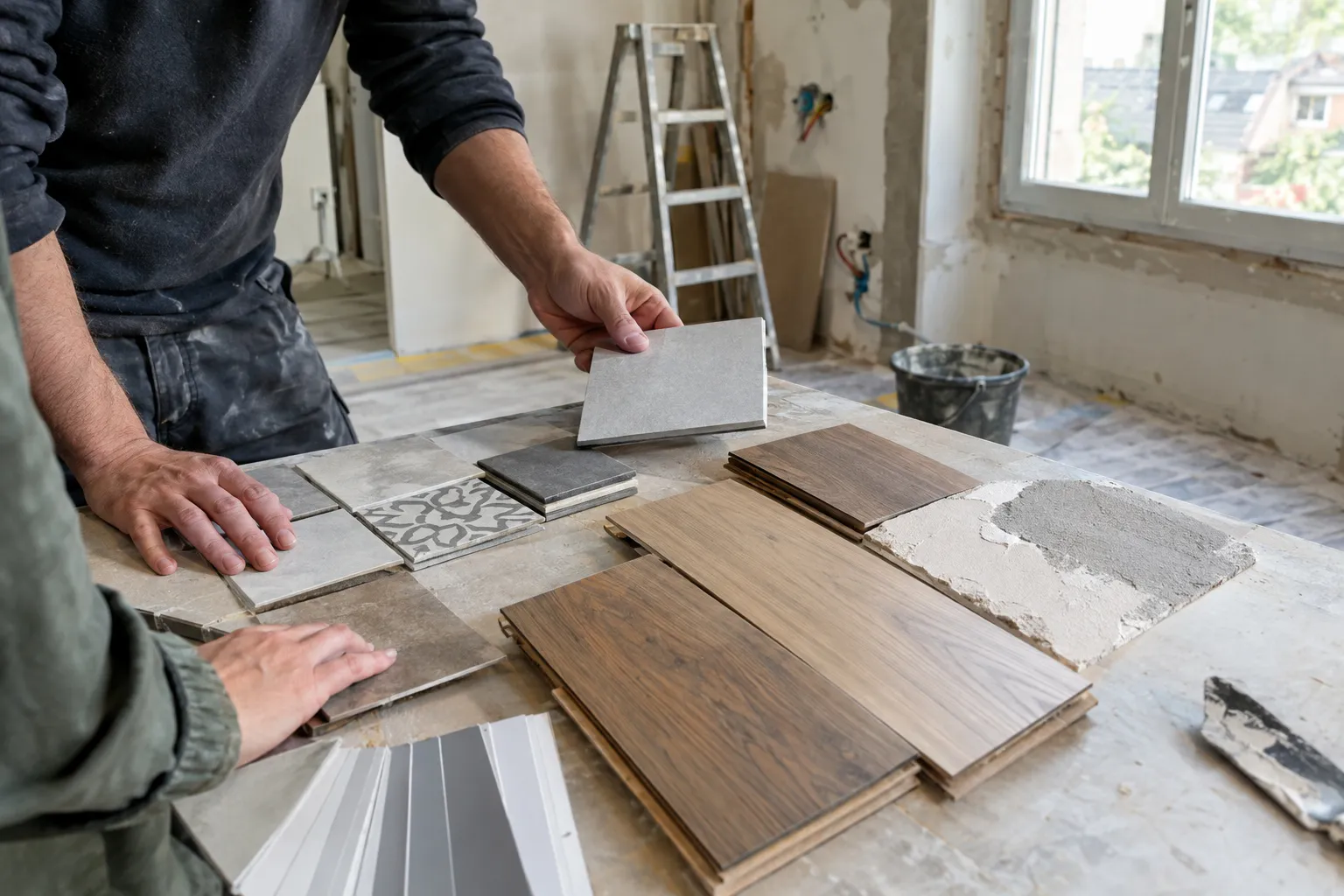Des échantillons de carrelage, de parquet et de peinture étalés sur un établi.