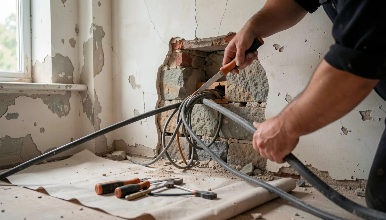 Un électricien tire des gaines dans une saignée ouverte d'un mur ancien en pierre et plâtre.