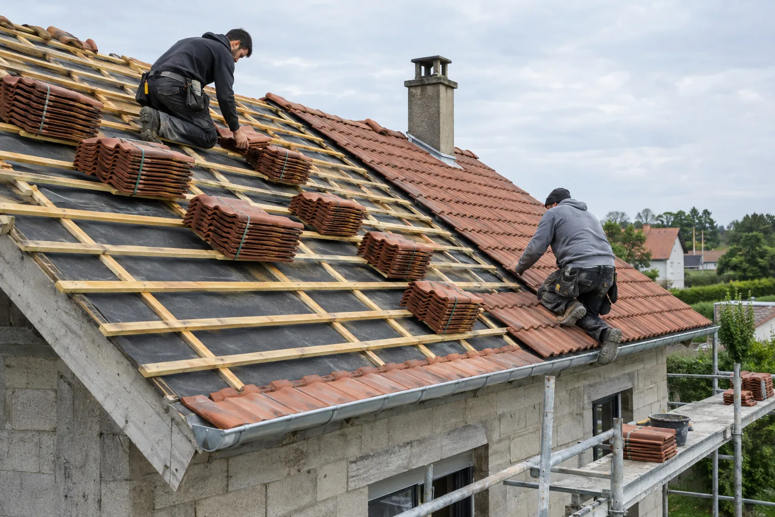 Deux couvreurs posant des tuiles sur la charpente d'une maison en chantier.