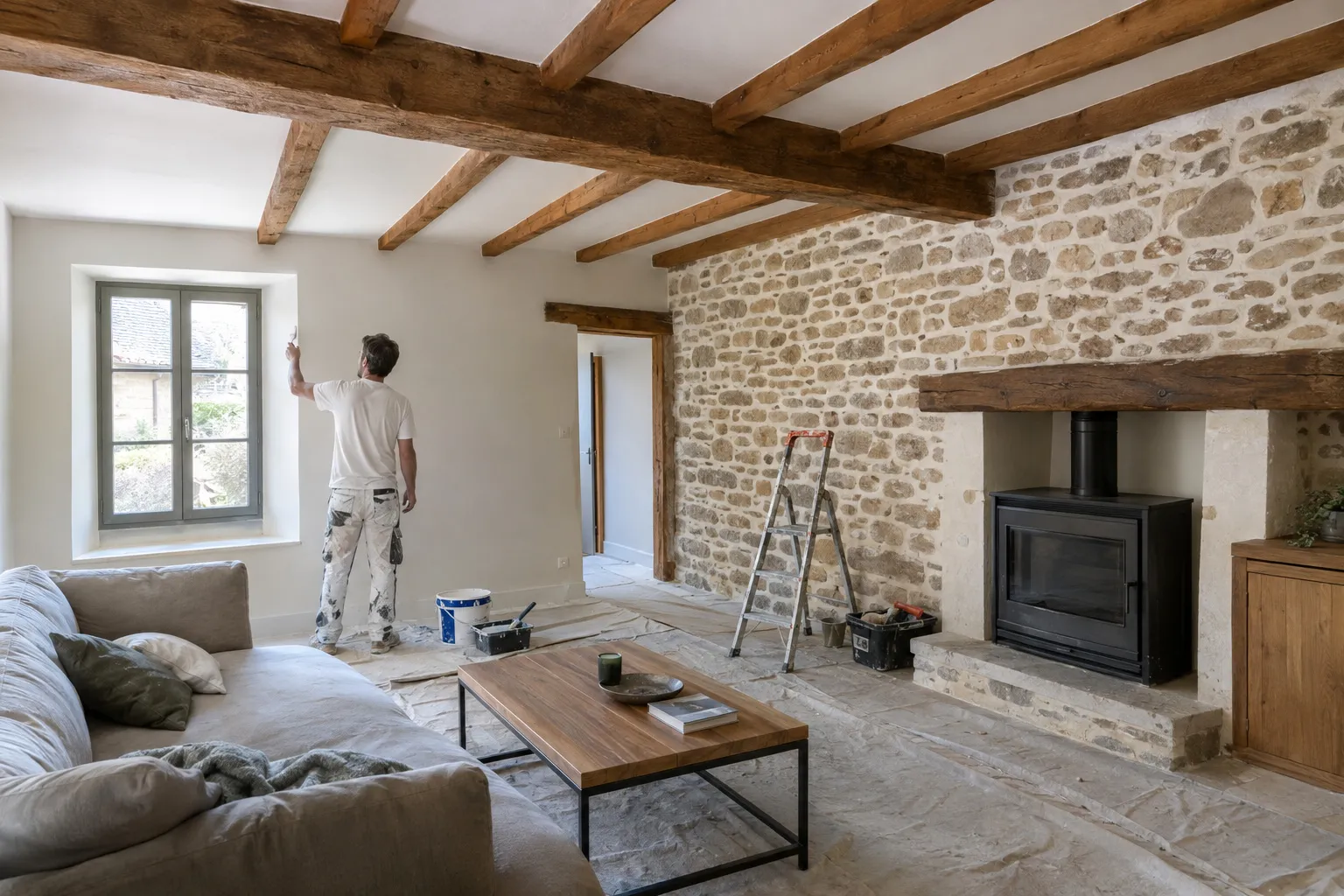 Salon d'une maison de bourg avec poutres apparentes restaurées et mur en pierre rejointoyé.