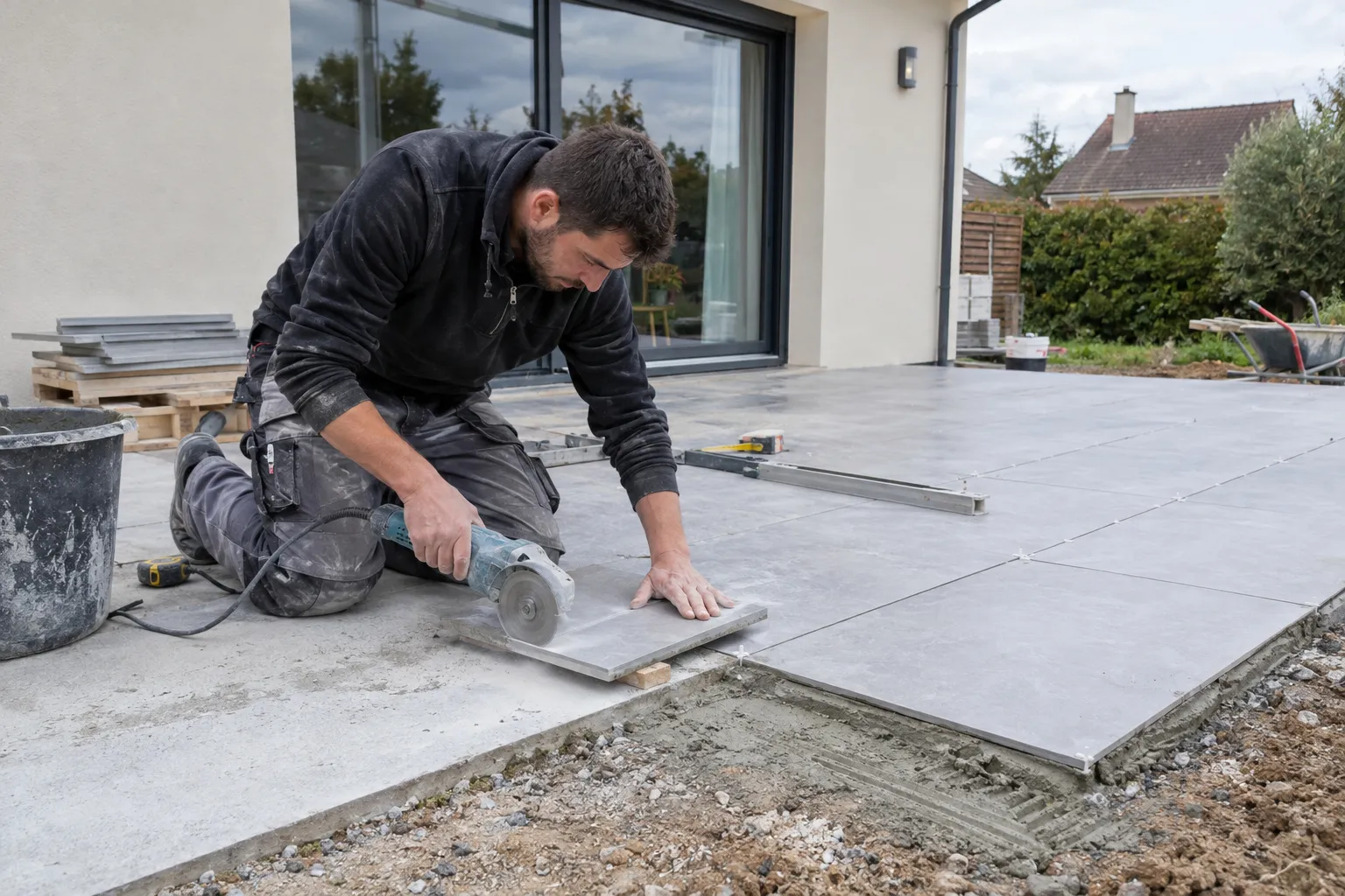 Carreleur découpant un carreau sur une terrasse en cours de pose devant une maison pavillonnaire.