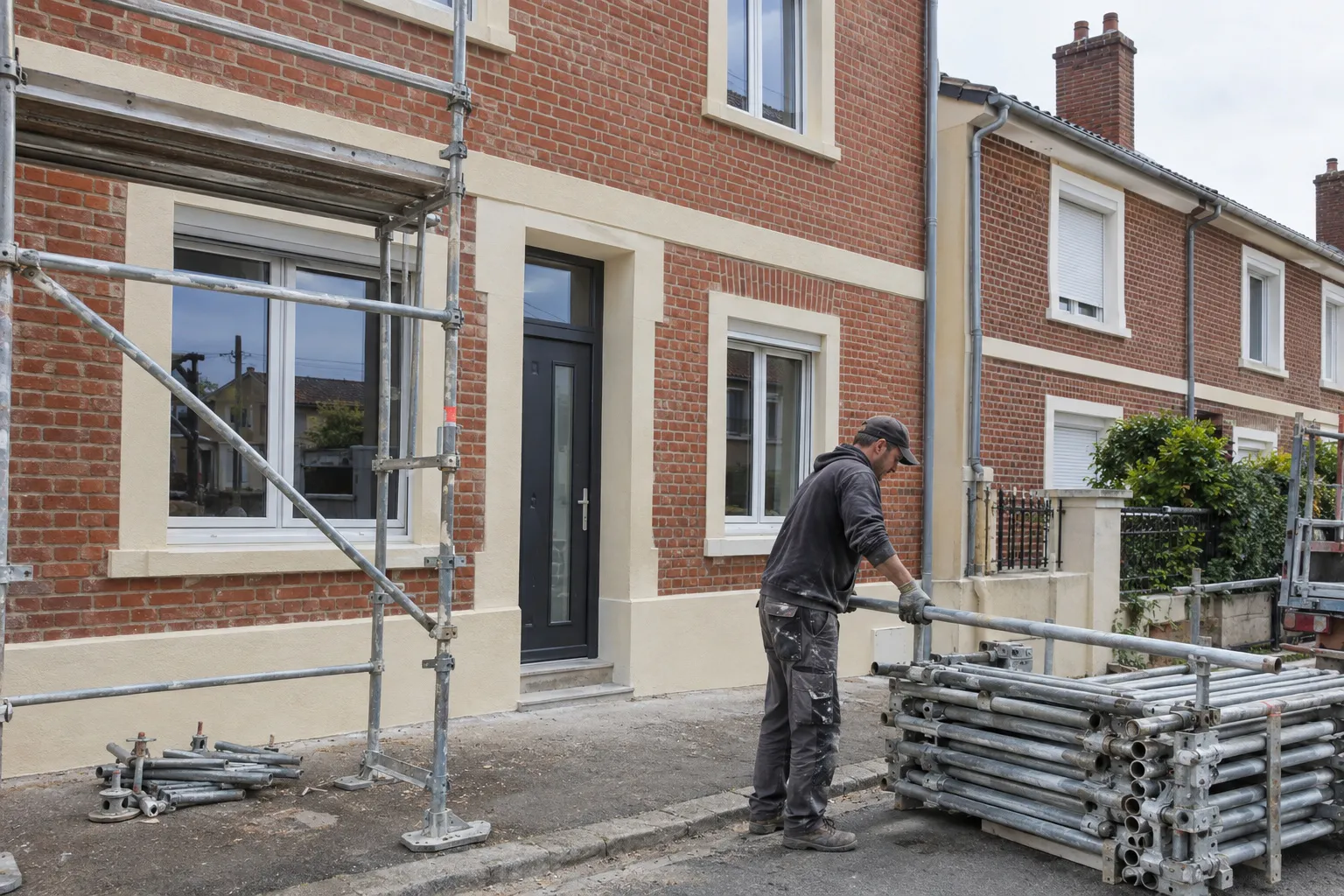 Maison ouvrière en brique après ravalement, enduit refait et menuiseries neuves.