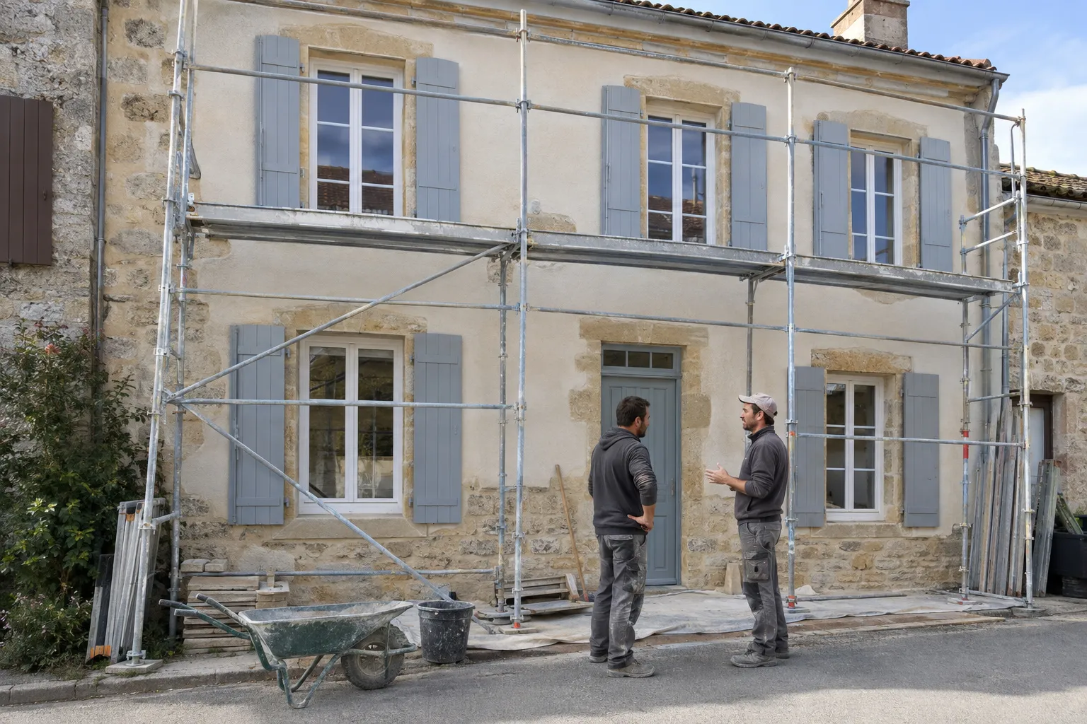 Une maison de Montluçon en rénovation, façade en pierre, chantier propre et équipe au travail.