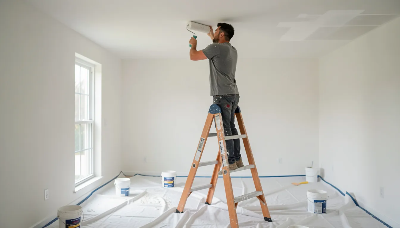 Un peintre passe le rouleau sur un plafond, sur un escabeau, sols recouverts de bâches de protection.