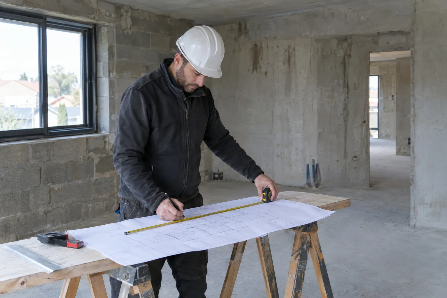Un plan de rénovation, un mètre ruban et des échantillons posés sur une table de chantier.