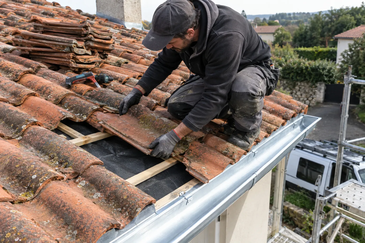 Une toiture de maison à Domérat avec tuiles neuves posées sur une partie du pan.