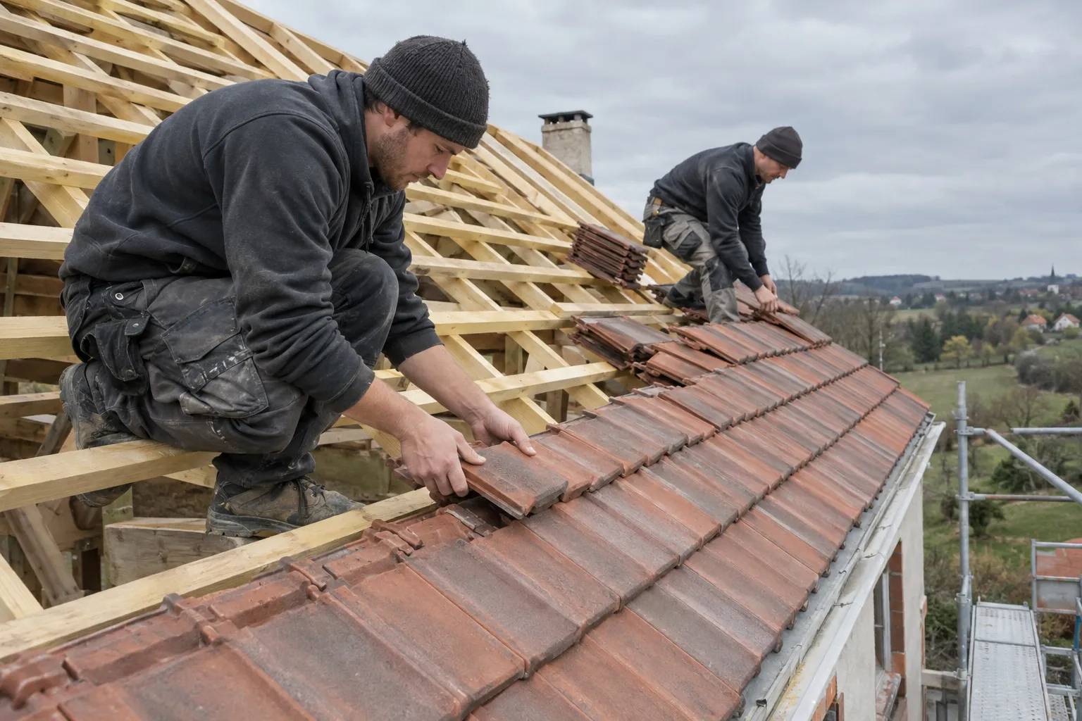 Un toit en tuiles en cours de réfection, couvreurs au travail sur la charpente.
