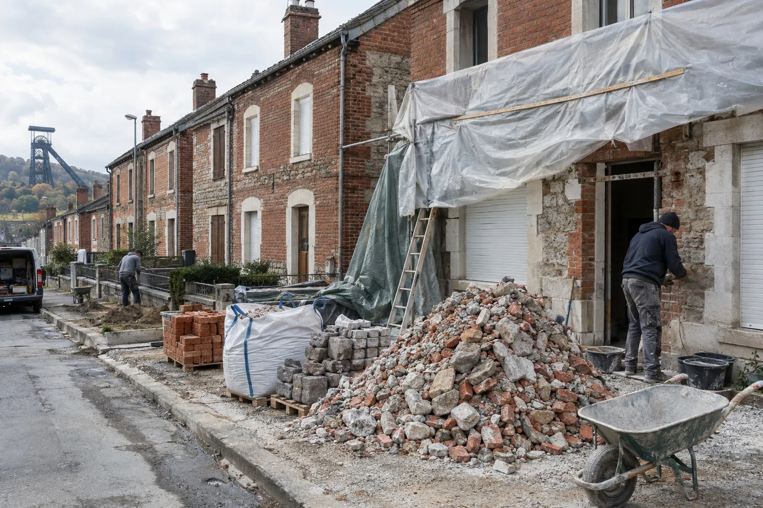 Des maisons de mineurs en brique à Commentry, l'une en chantier avec ses gravats devant la façade.