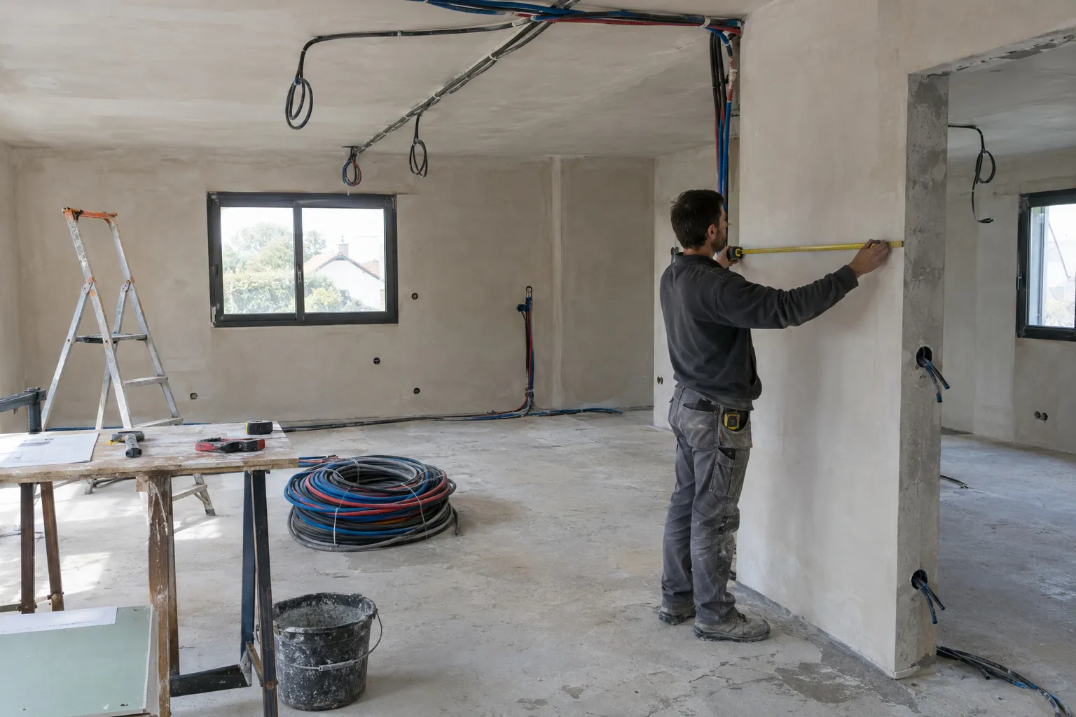 Un salon d'appartement en cours de rénovation, murs neufs enduits, sol protégé et fenêtres dégagées.