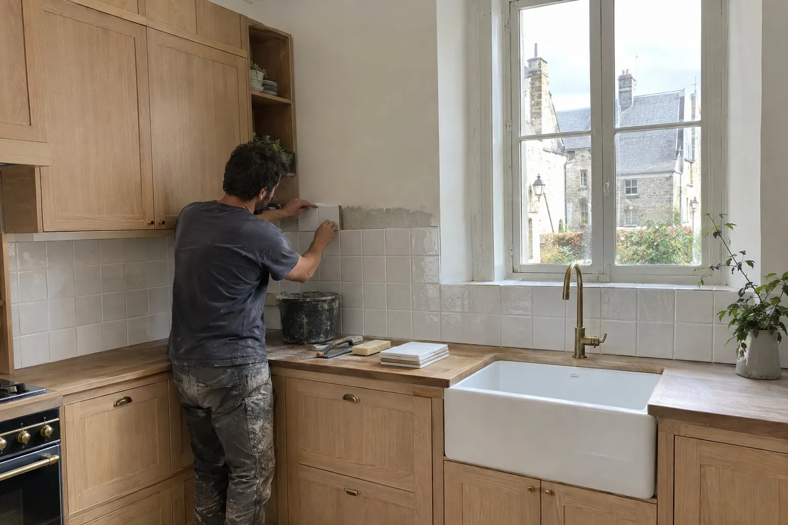 Un carreleur pose la crédence en carreaux blancs d'une cuisine en chêne clair avec évier en céramique.