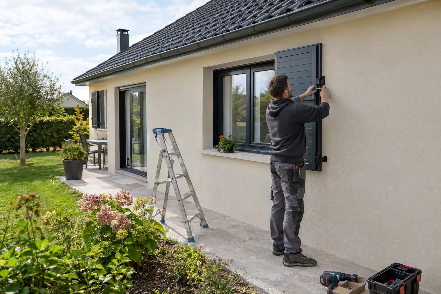 Un pavillon de Domérat au crépi clair, un artisan pose un volet côté jardin.