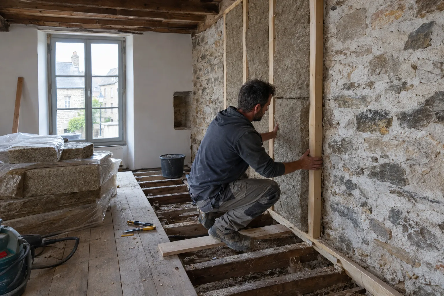 Une maison ancienne de Commentry en travaux, murs en pierre apparents à l'intérieur.