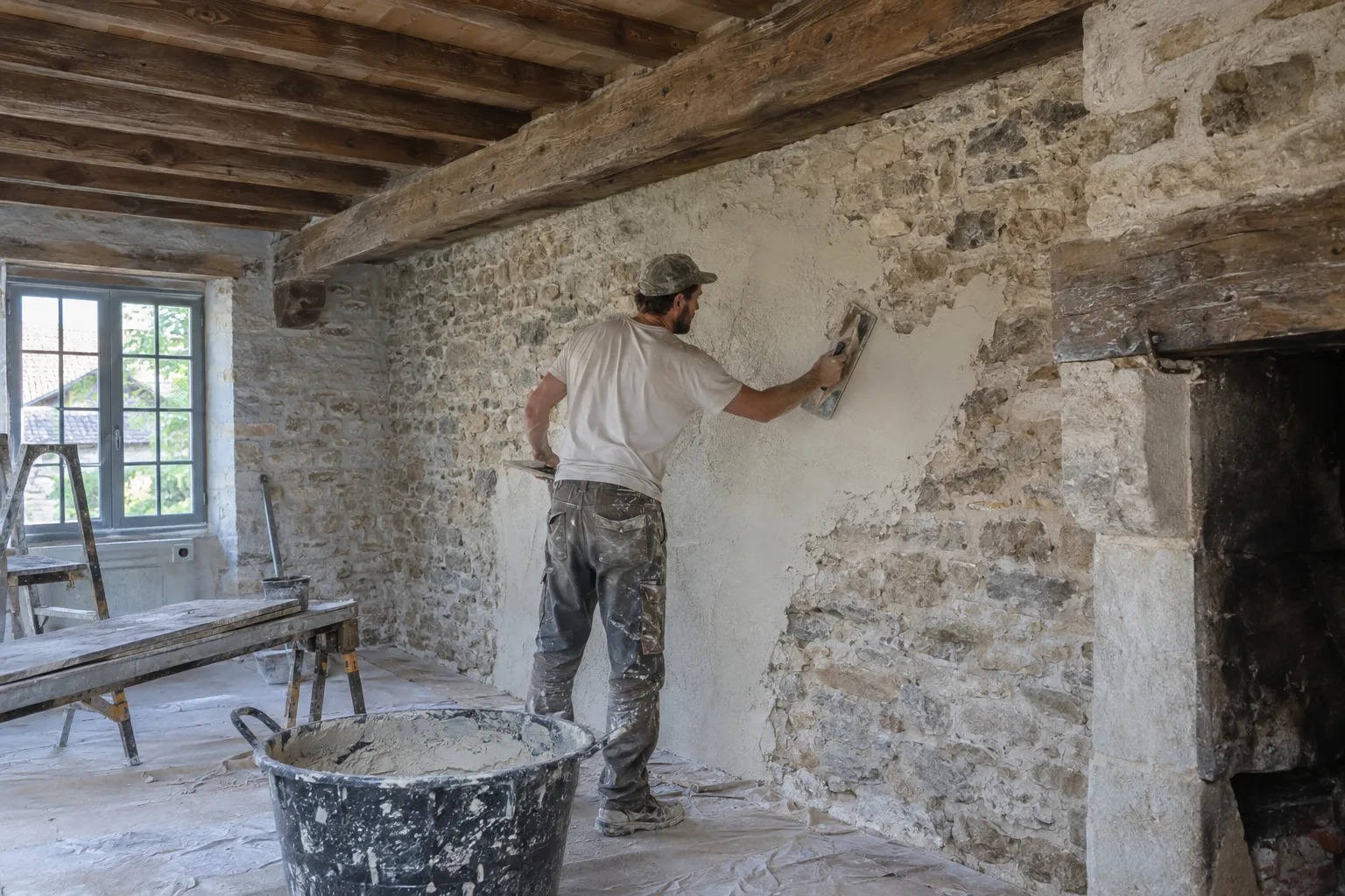 Une maison ancienne en pierre avec volets, en chantier de rénovation, échafaudage léger à la façade.