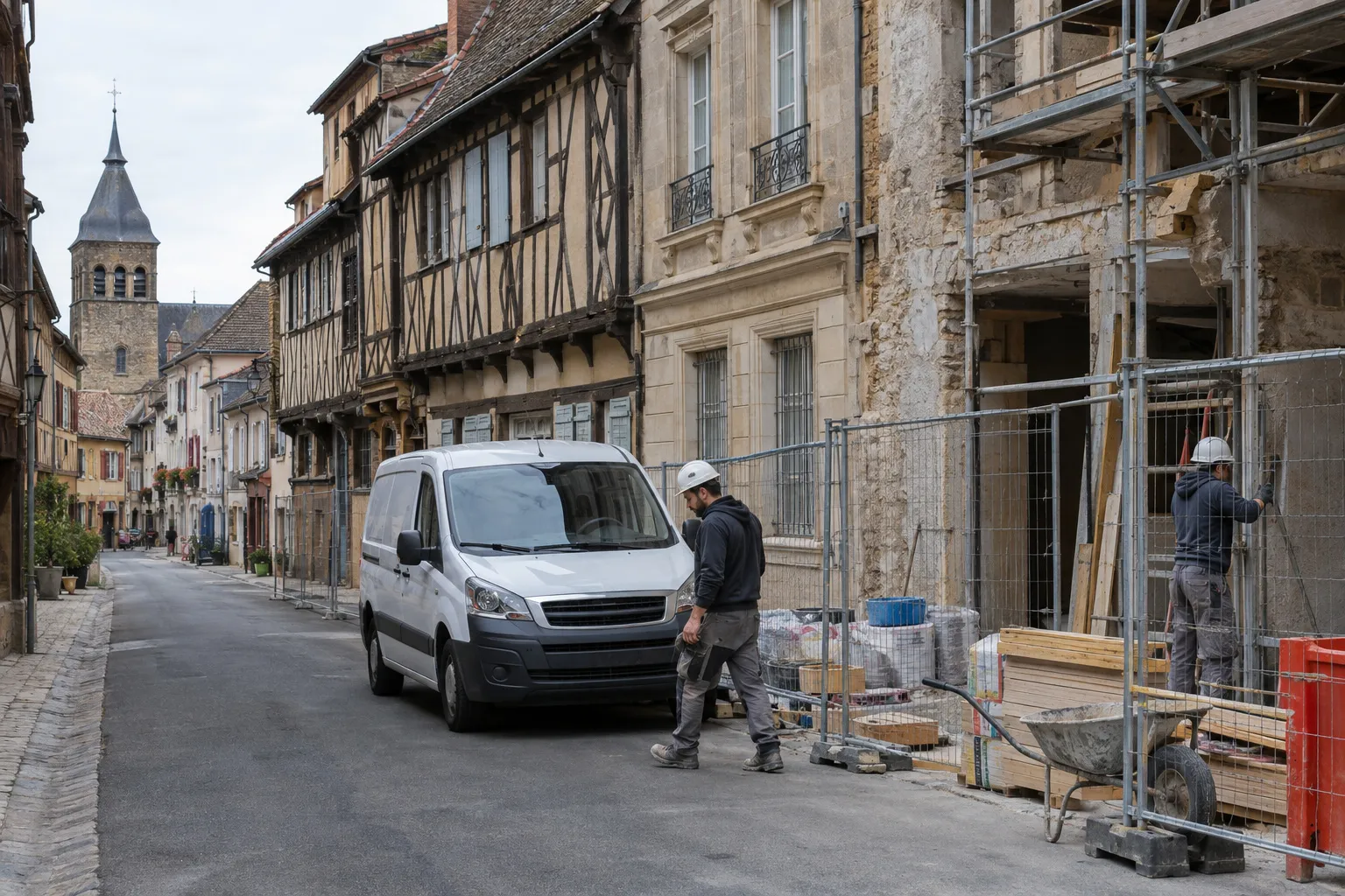 Une rue de Montluçon avec ses maisons de ville en pierre et ses toits d'ardoise.