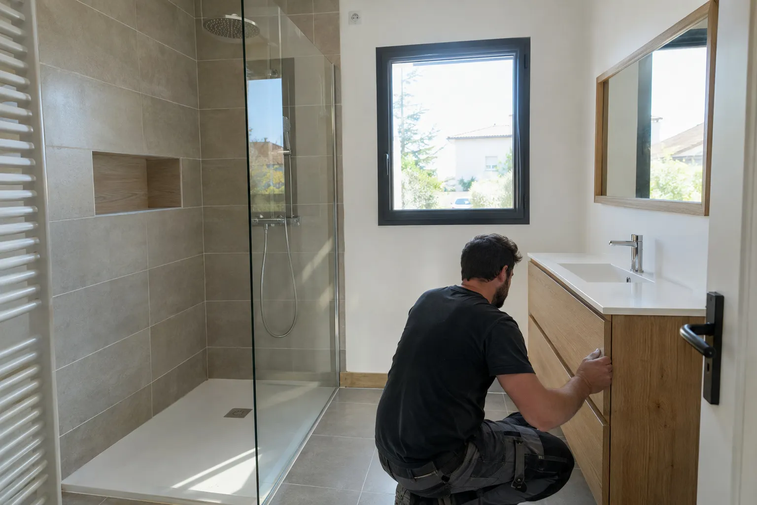 Une salle de bain rénovée, douche à l'italienne, carrelage clair et meuble vasque en bois.