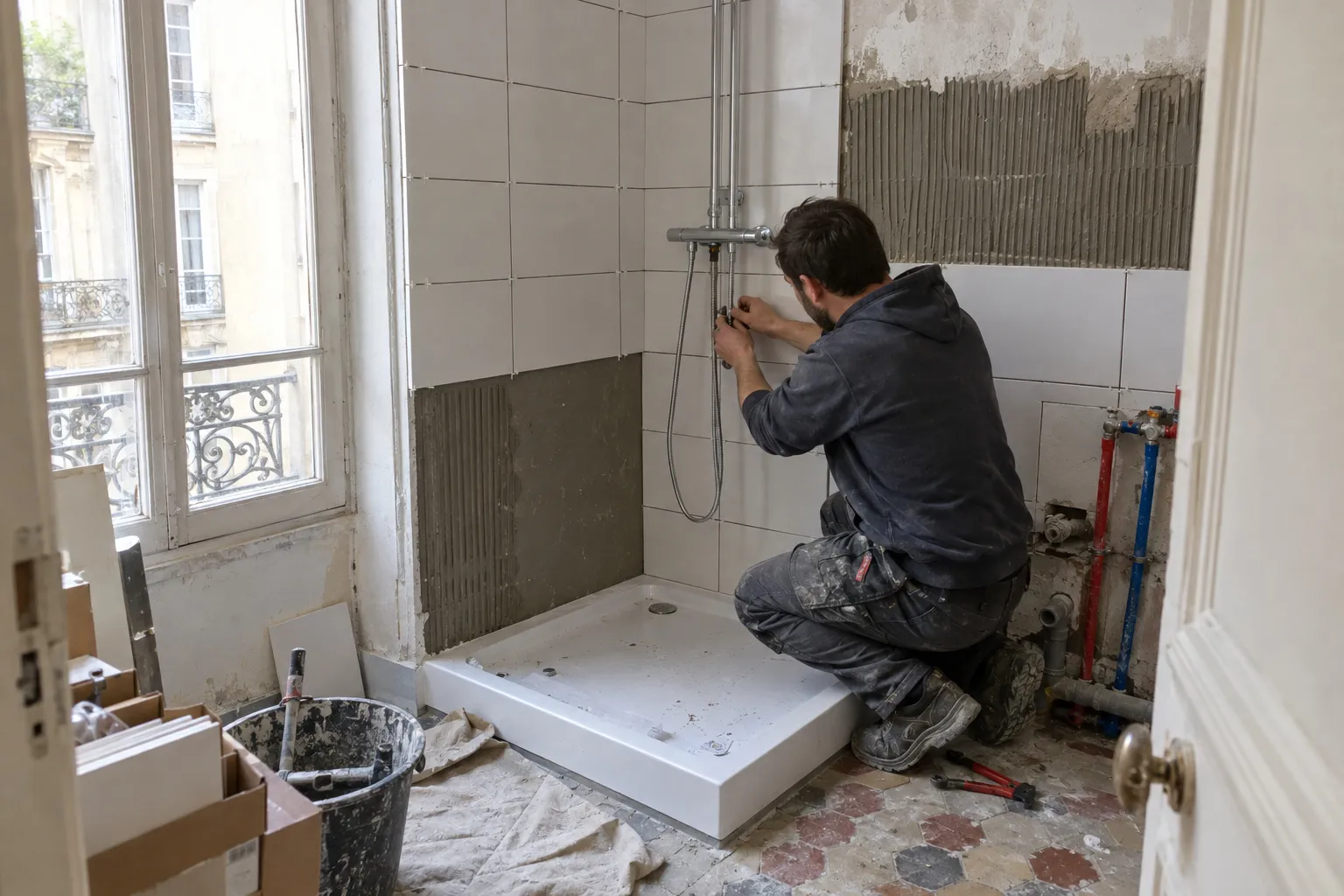 Une salle de bain rénovée dans un appartement de Montluçon, douche vitrée et carrelage gris clair.