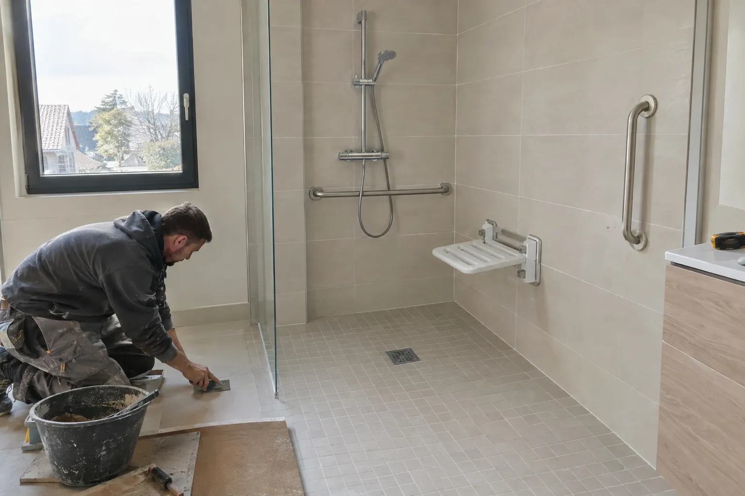 Une douche de plain-pied avec barre d'appui et siège rabattable dans une salle de bain claire.